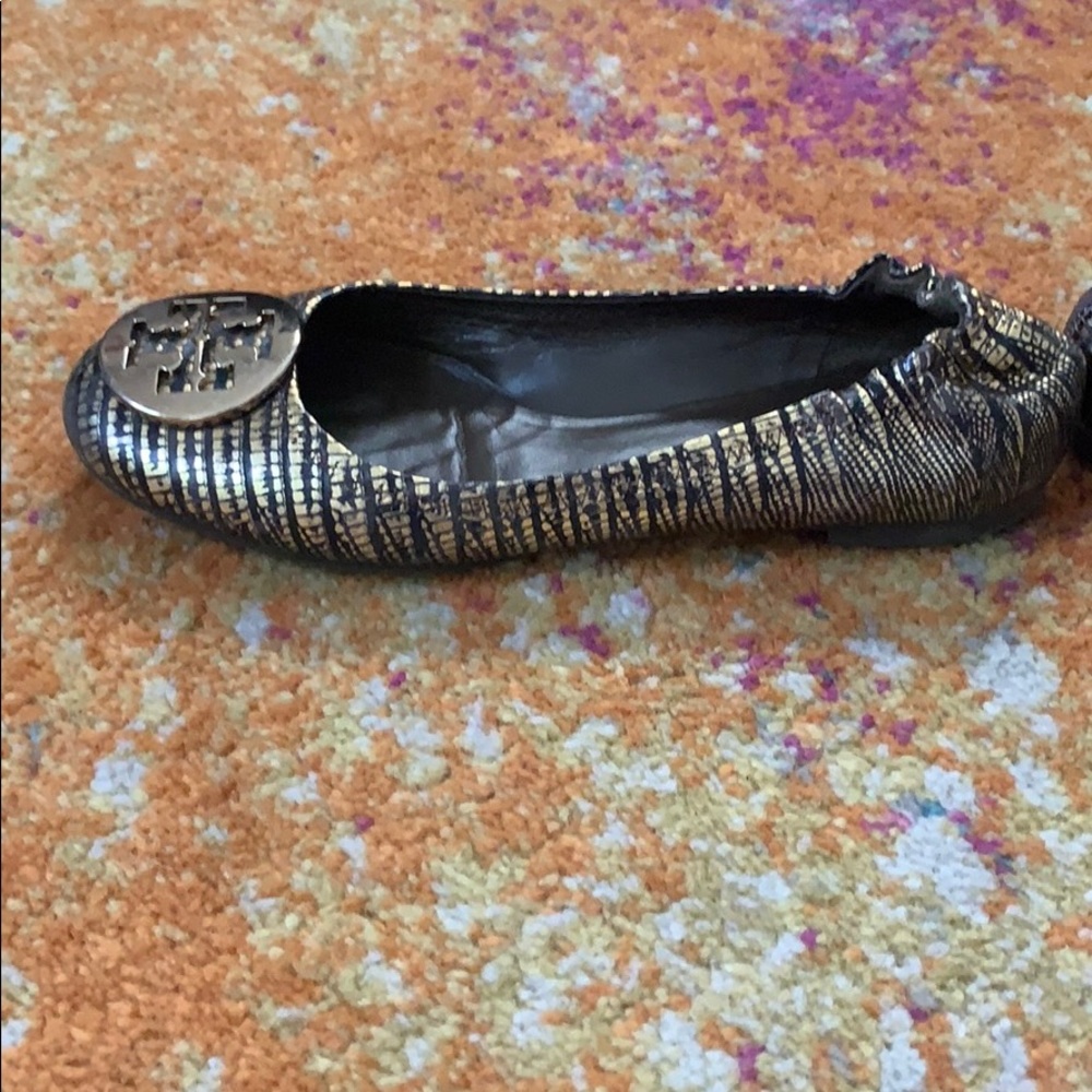 Tory Burch Black and Gold Snake Print Reva Flats - Picture 6 of 8